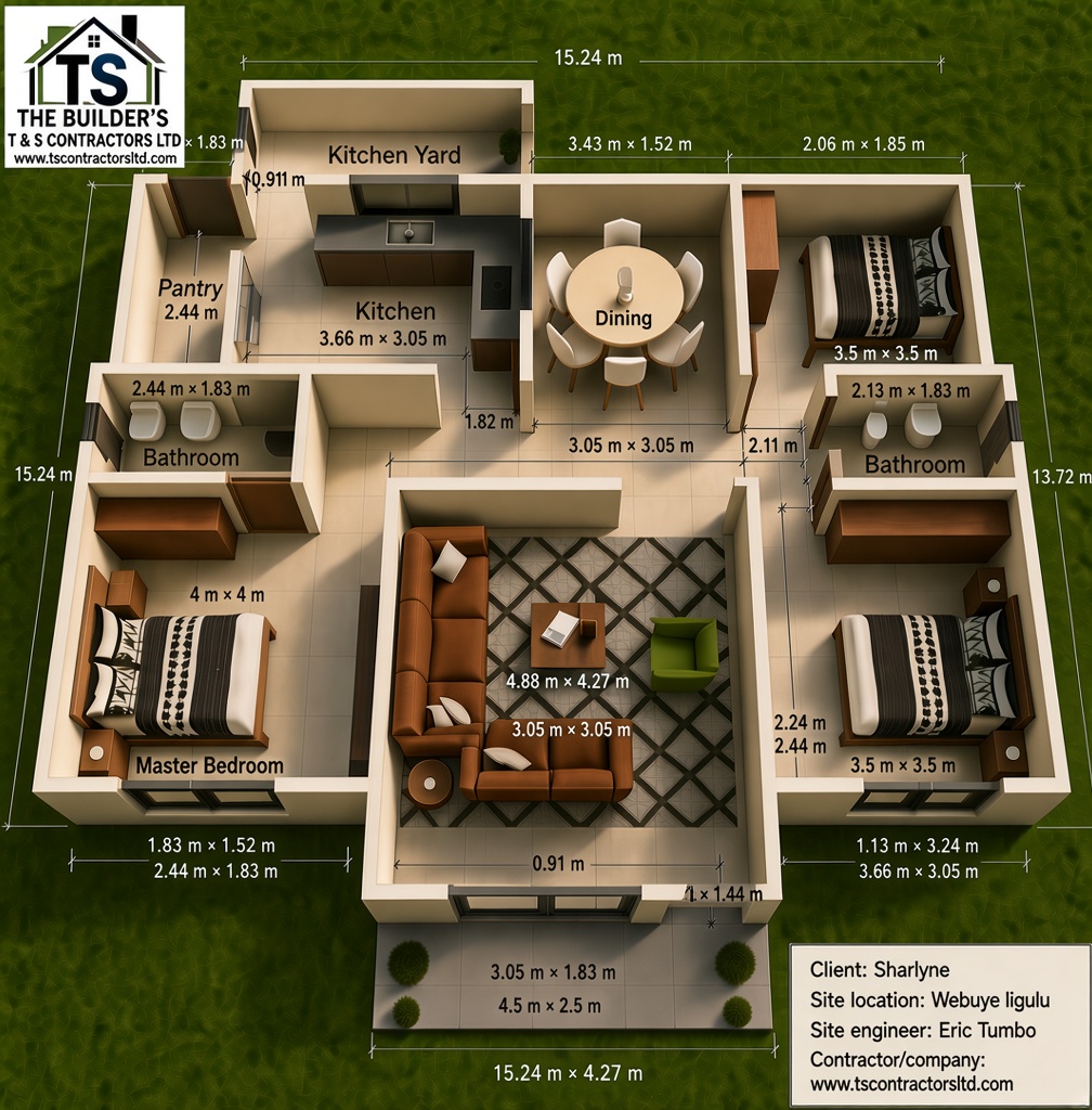 3 BEDROOM BUNGALOW HIPPED ROOF DESIGN LUGULU WEBUYE 